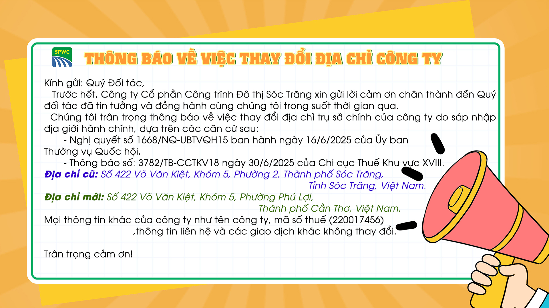 Thông báo thay đổi địa chỉ Công ty